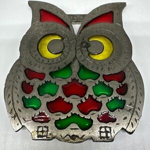 Owl Trivet Cast Iron Colorful Stained Glass Look Hot Plate, Dutch Design Vtg MCM